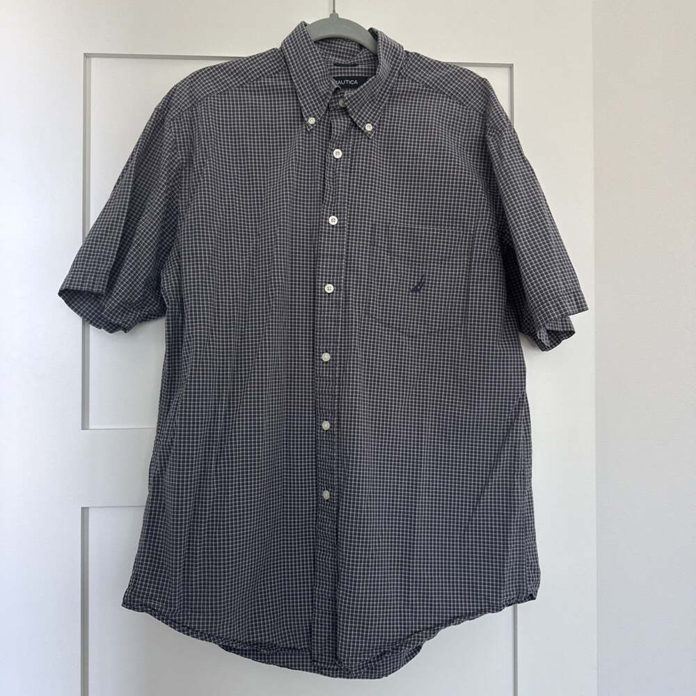 Nautica Mens Shirt Size L Navy Blue Purple Checkered Short Sleeve Button-Down